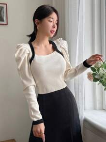 Dazy Designer 女士拼色泡泡袖毛衣、荷叶边、秋装 - 米色 - 查看 3