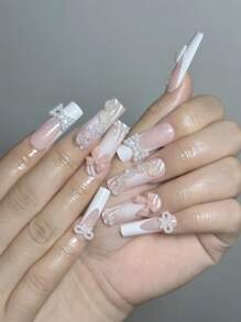 ROMWE Kawaii 24入組可拆卸式全套法式蝴蝶結和鑽石美甲套裝 - 粉色 - 查看 1