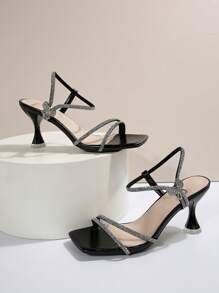 New Arrival Fashionable Rhinestone Embellished See-Through Thick Heel Double Straps Black Bow Sandals For Women, Summer Valentines - Black - View 6