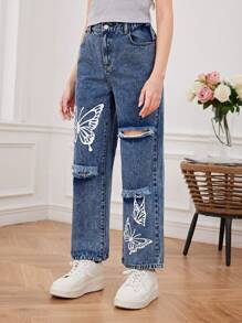 Teenage Girls' Butterfly Print Distressed Loose Fit Straight Leg Jeans - Medium Wash - View 6