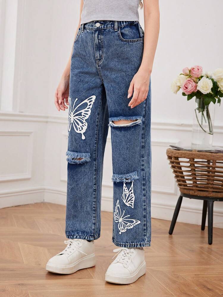 Teenage Girls' Butterfly Print Distressed Loose Fit Straight Leg Jeans