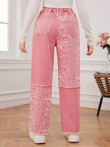 Teen Girls Y2k Streetwear Style Pink Print Face & Contrast Color Patchwork Distressed Straight Leg Jeans With Fringed Hem - Pink - View 2
