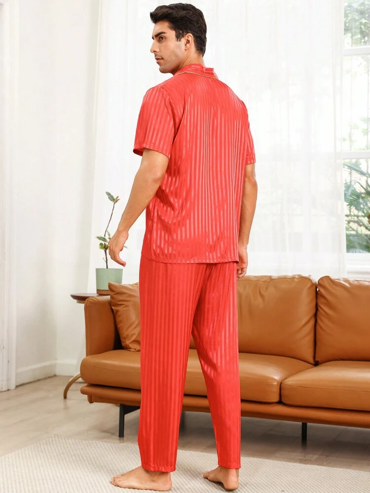 Men's Color Block Trim Top And Solid Color Long Pants Homewear Set