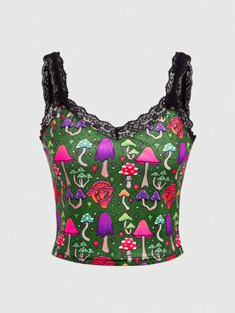 ThisUniqueVibe Camicetta da donna in stile fantasioso con stampa di funghi e bordatura in pizzo