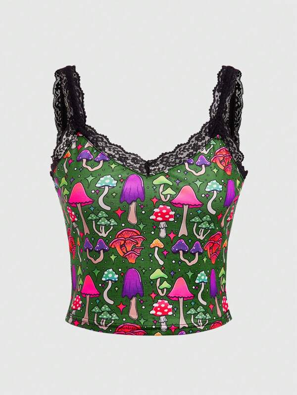 ThisUniqueVibe Verspieltes Damen-Camisole mit Pilz-Muster und Spitzenbesatz
