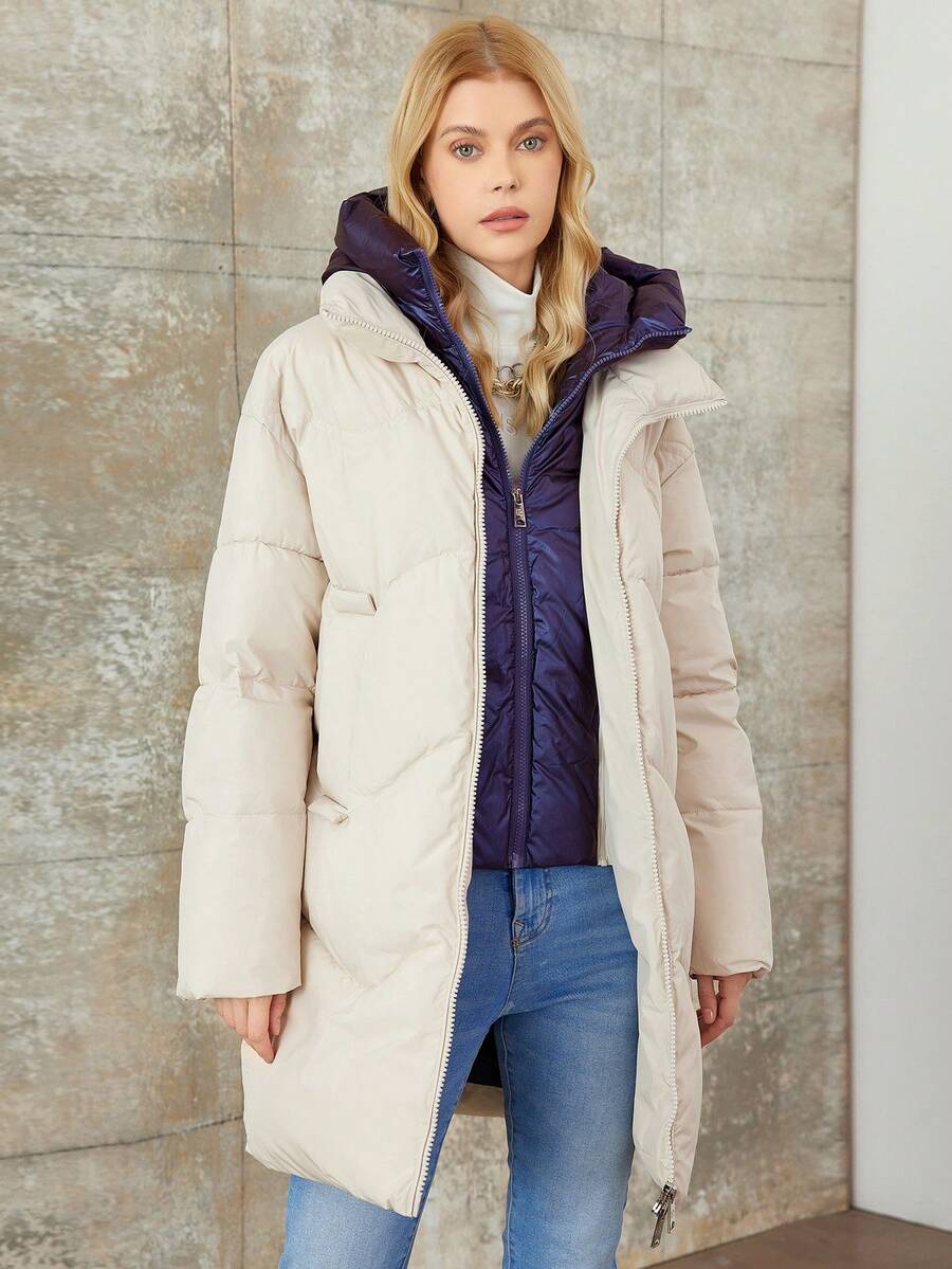女用米色前拉鍊襯墊大衣 - 米色 - 查看 1