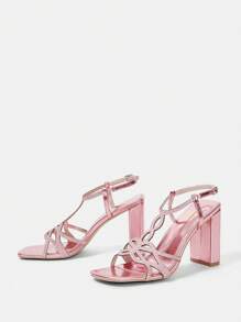 Sandalias De Tacón Alto Cuadrado Con Punta Pre-cubierta De Pedrería Y Cómodas Para Mujeres - Rosa - Ver 5