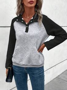 SHEIN LUNE 女款拼色插肩袖運動衫 - 黑色 - 查看 3