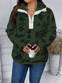 Calvaya 大尺寸女款毛絨衛衣,幾何圖案和拼色細節 - 綠色 - 查看 4