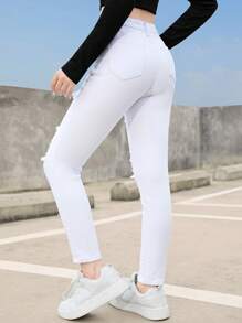 SHEIN Teenage Girls' Solid Color Ripped Jeans - White - View 2