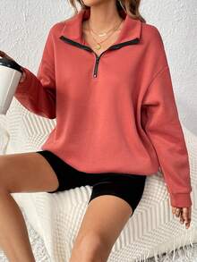 SHEIN Essnce 女款純色下垂肩運動衫 - 紅木色 - 查看 4