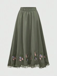 ROMWE Fairycore Plus Size Kỳ nghỉ Giải trí Thêu hoa & Váy viền ren - xanh quân đội - Xem 1