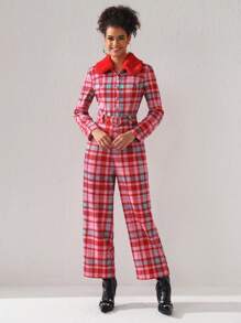 Simone Rogers Plaid Print Belted Wide Leg Jumpsuit - Multicolor - View 3