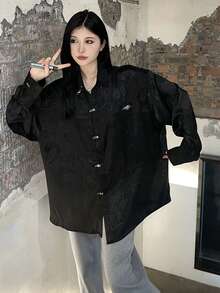 女式龍紋長袖襯衫 - 黑色 - 查看 6