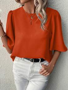 SHEIN LUNE 純色圓領中袖上衣 - 橘色 - 查看 5