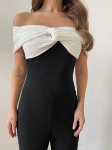 Aloruh Ladies' Color Block Off-Shoulder Evening Dress Jumpsuit - Black and White - View 5
