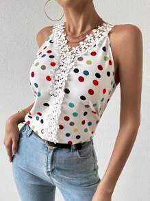 SHEIN Essnce 波點印花蕾絲拼接無袖襯衫 - 白色 - 查看 1