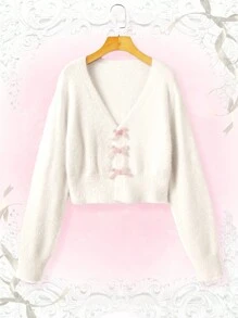 ROMWE Kawaii Áo len cardigan nhung nơ cho nữ - trắng - Xem 1