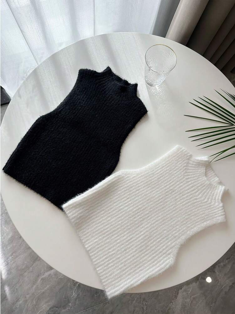 2pcs/Set Solid Color Cropped Knitted Top With Half High Collar