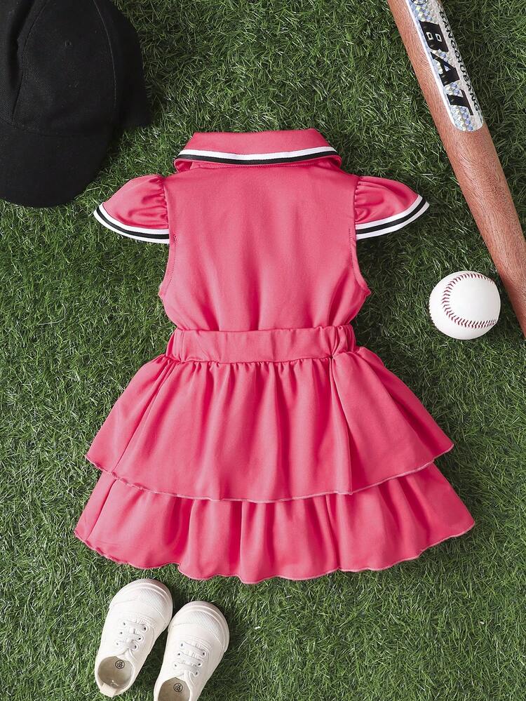 2pcs Baby Girls' Solid Color Cap Sleeve Top With Buttoned Collar & Woven Trim And Double-Layered Pleated Skirt, Black & White