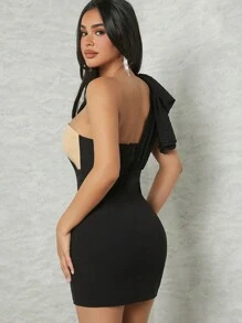 Hauture Vestido De Estampa De Bolinhas Com Contraste De Um Ombro E Laço - Multicolorido - Visão 2