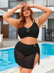 SHEIN Swim Curve 夏季大码带扣带边纯色比基尼套装 - 黑色 - 查看 5