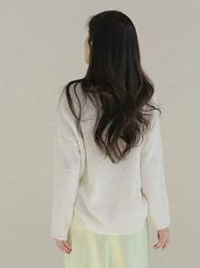 DAZY V-Neck Loose Fit Drop Shoulder Sweater Linen,Fall Clothes - White - View 2