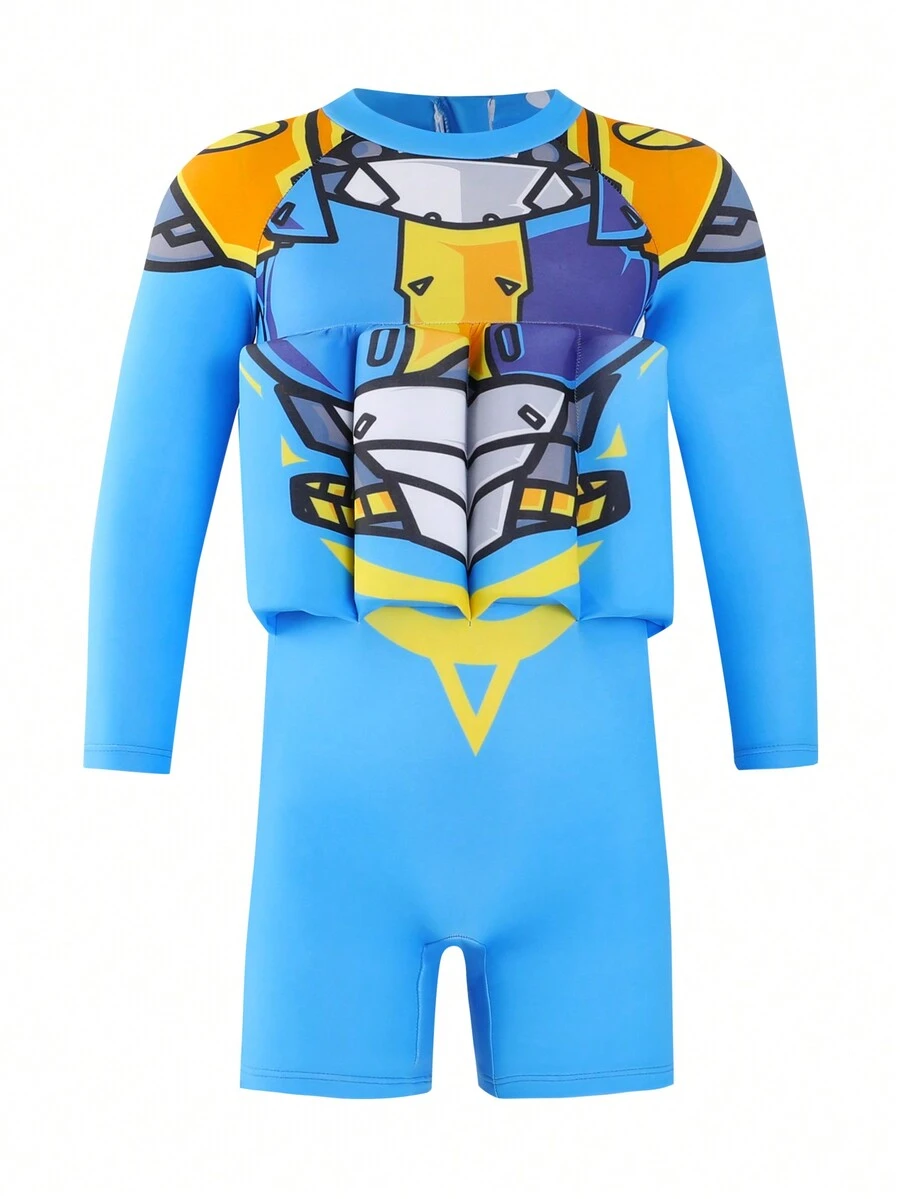 Young Boy Cartoon Printed Long Sleeve OnePiece Flotation Swimsuit for