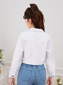 SHEIN Chaqueta de mezclilla blanca básica estilo universitario informal para niñas preadolescentes - Blanco - Ver 2