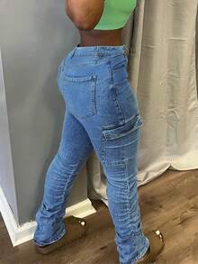 Flap Pocket Side Stacked Jeans - Medium Wash - View 2