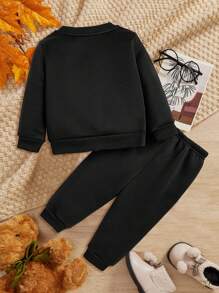 Leap Crew Baby Girls' Casual Heart Patterned Round Neck Sweatshirt And Trousers Set, Suitable For Autumn And Winter - Black - View 2