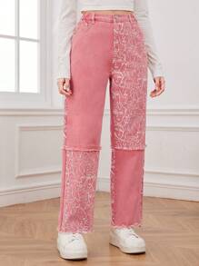 Teen Girls Y2k Streetwear Style Pink Print Face & Contrast Color Patchwork Distressed Straight Leg Jeans With Fringed Hem - Pink - View 5