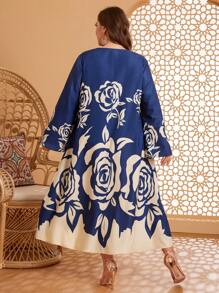 Al Najma Kích thước lớn In hoa Tay áo chuông Đầm - Màu xanh hải quân - Xem 2