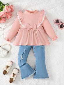 SHEIN 幼兒女童襯衫式立領上衣配蝴蝶結和荷葉袖,並搭配牛仔喇叭褲 - 彩色 - 查看 3