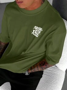 Manfinity Homme 男士天使和卡通印花t恤 - 橄欖綠 - 查看 3