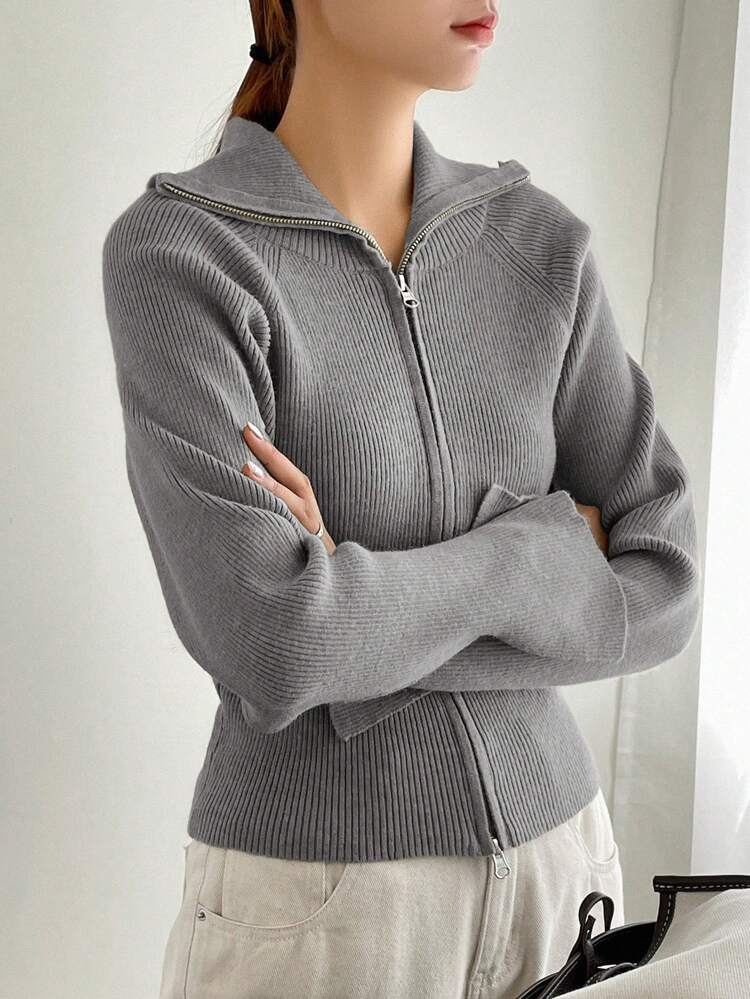 Zipper Front Raglan Sleeves Cardigan,Ladies Late Fall Casual Zipper Raglan Sleeve Collar Regular Fit Dark Grey Plain Women Cardigans,Casual Daily Wear,Long Sleeve Tops Jacket