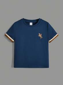 SHEIN Leap Crew 幼童男童馬術印花條紋綾綢t卹,帶織釦口袖頭,多款可選