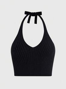 Zolique 2pcs Halter Neck Ribbed Knit Top - Multicolor - View 5