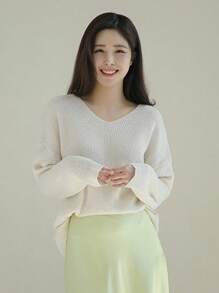 DAZY V-Neck Loose Fit Drop Shoulder Sweater Linen,Fall Clothes - White - View 3