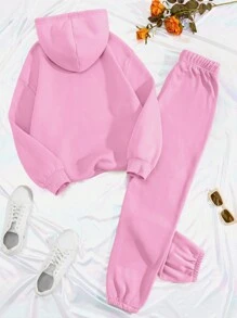 INAWLY Text Pattern Hooded Casual Two-piece Set