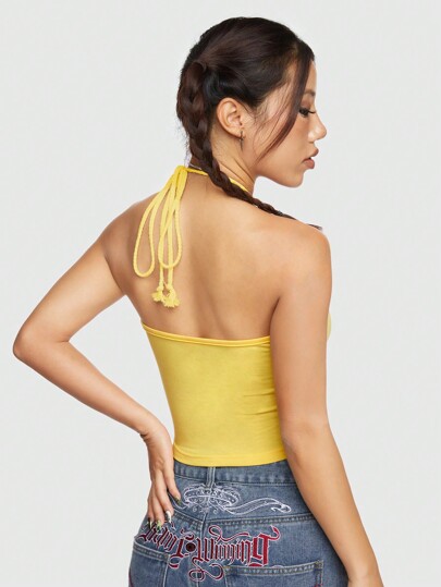 ROMWE Avant Haut Dos Nu Imprimé Numéro 8 Et Pentagramme Avec Lien En Corde