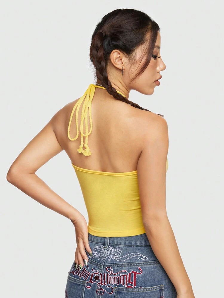 Number 8 & Pentagram Pattern Print Halter Top With Rope Tie Y2K For Women