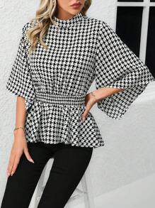 SHEIN Clasi Women's Houndstooth Ruffle Hem Going Out Spring Black Shirt,Three Quarter Sleeve Tops