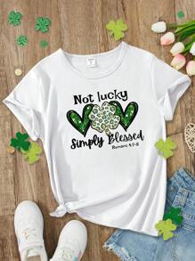 Áo thun ngắn tay thường ngày dành cho bé gái tuổi teen nhân dịp Ngày Thánh Patrick, in hình cỏ ba lá và khẩu hiệu hình trái tim, áo đôi mẹ và con (2 chiếc bán riêng lẻ) - trắng - Xem 1