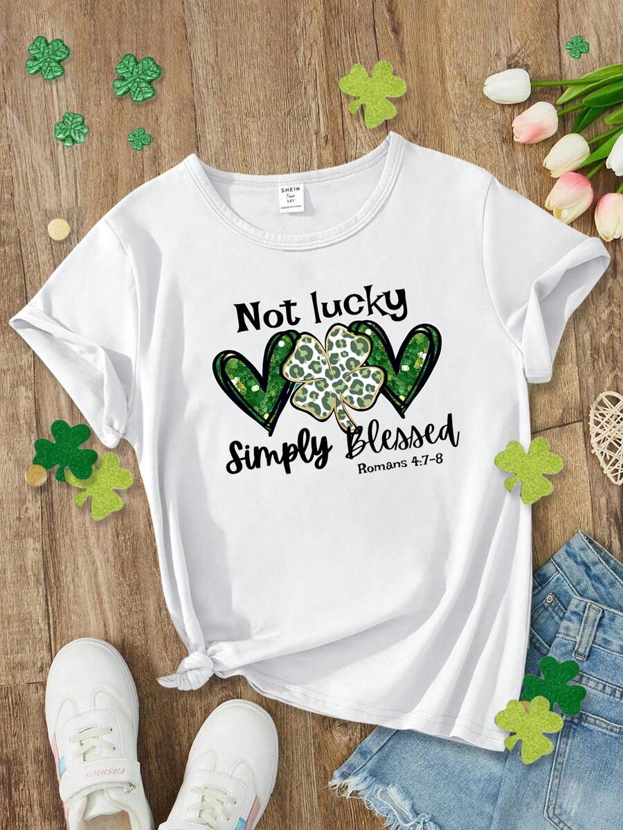 Áo thun ngắn tay thường ngày dành cho bé gái tuổi teen nhân dịp Ngày Thánh Patrick, in hình cỏ ba lá và khẩu hiệu hình trái tim, áo đôi mẹ và con (2 chiếc bán riêng lẻ) - trắng - Xem 1