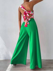 SHEIN Privé 女款花卉印花一字肩上衣闊腿褲兩件套 - 綠色 - 查看 2