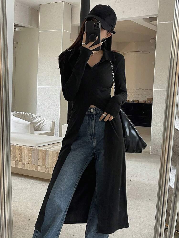 Long Sleeve High Slit Hem Dress