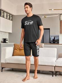 Conjunto De Pijama Para Hombres Con Impresión De Lema En Manga Corta Y Pantalones Cortos