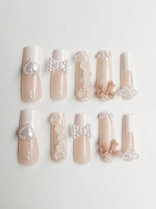 ROMWE Kawaii 24入組可拆卸式全套法式蝴蝶結和鑽石美甲套裝 - 粉色 - 查看 3