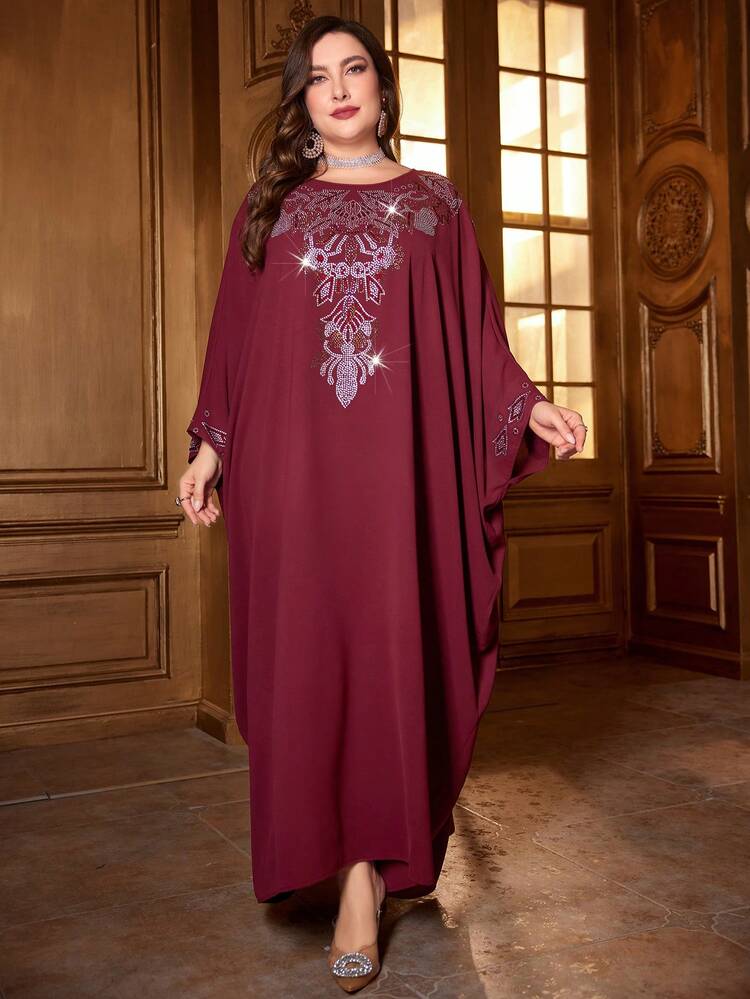 Burgundy Red Plus Size Women'S Batwing Sleeve Kaftan Dress With Rhinestone Decoration, Elegant Luxury Evening Party Style